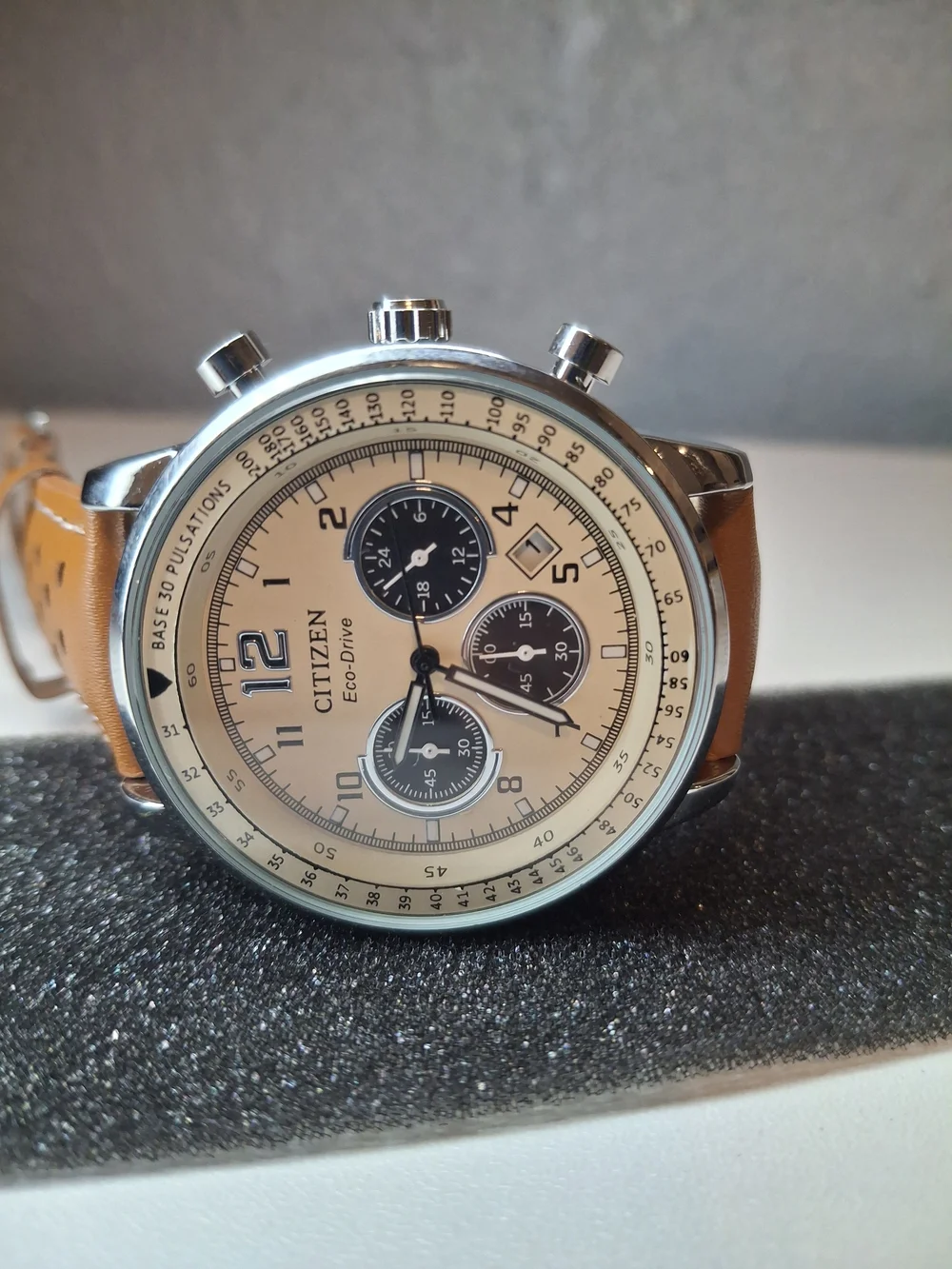 Citizen Eco-Drive Chronograph Watch - Tan Dial & Brown Leather Strap